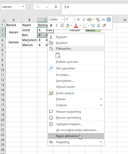 Bereik een naam geven in Excel