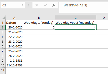 Weekdag type 2 in Excel met maandag als dag 1