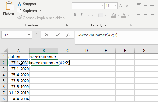 Weeknummer opzoeken in Excel